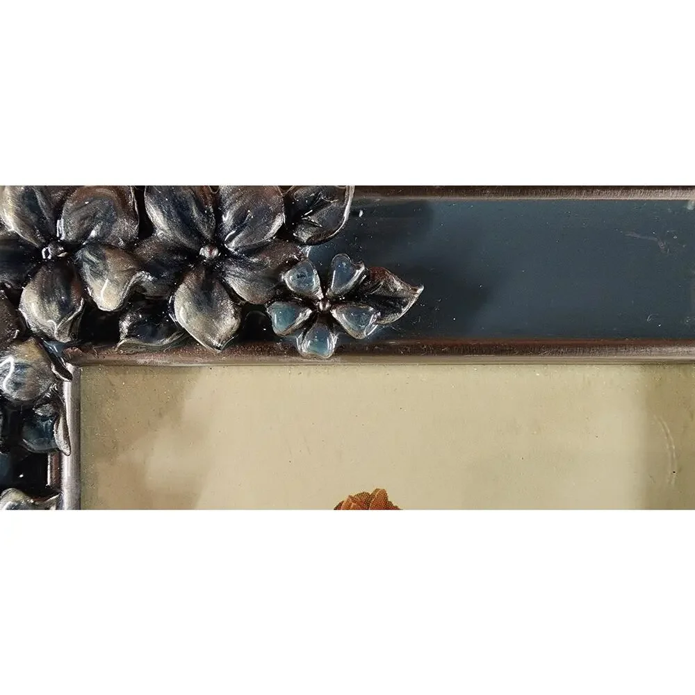 Vintage Blue Enamel Floral Metal 4x6 Picture Frame Raised 3DFlowers CottageDecor